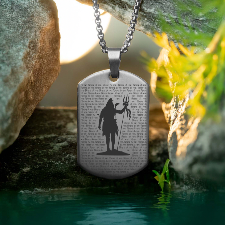 108 Om Namah Shivay MicroCarved Tag Pendant with Chain